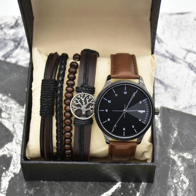 Kit Relógio Minimalista de Couro + Mix de Pulseiras - Elegante
